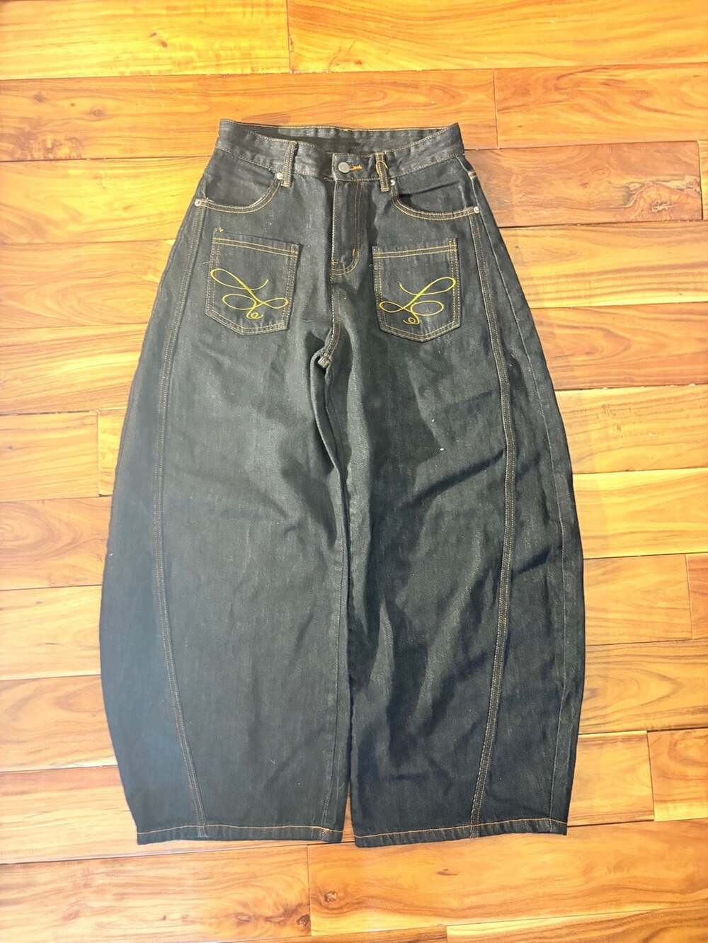 Jeans Dark Wash Curved Leg Baggy Y2K Denim Pants With Embroidery
